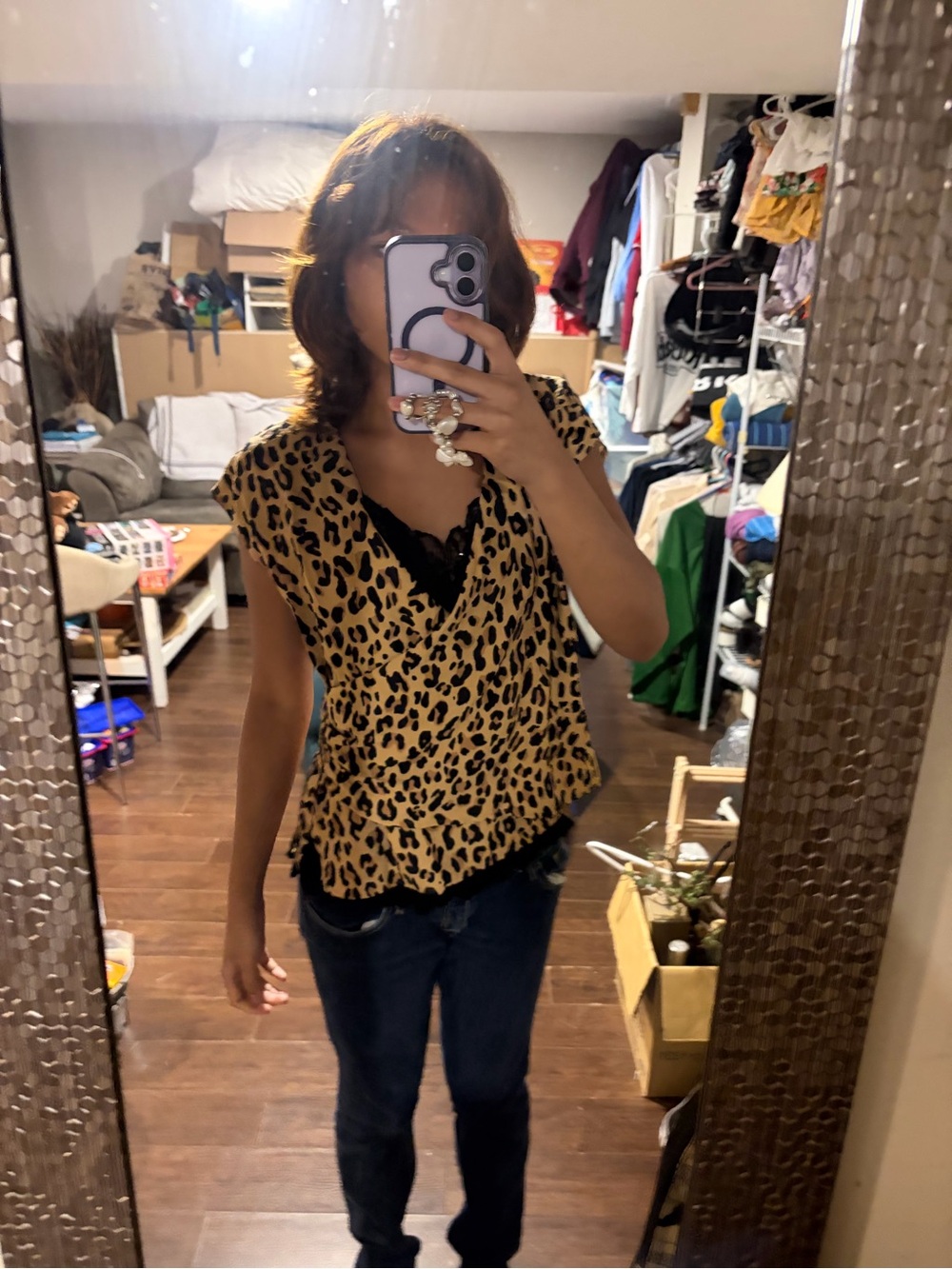 Vera Wang Leopard-Print V-Neck Blouse in Tan and Black